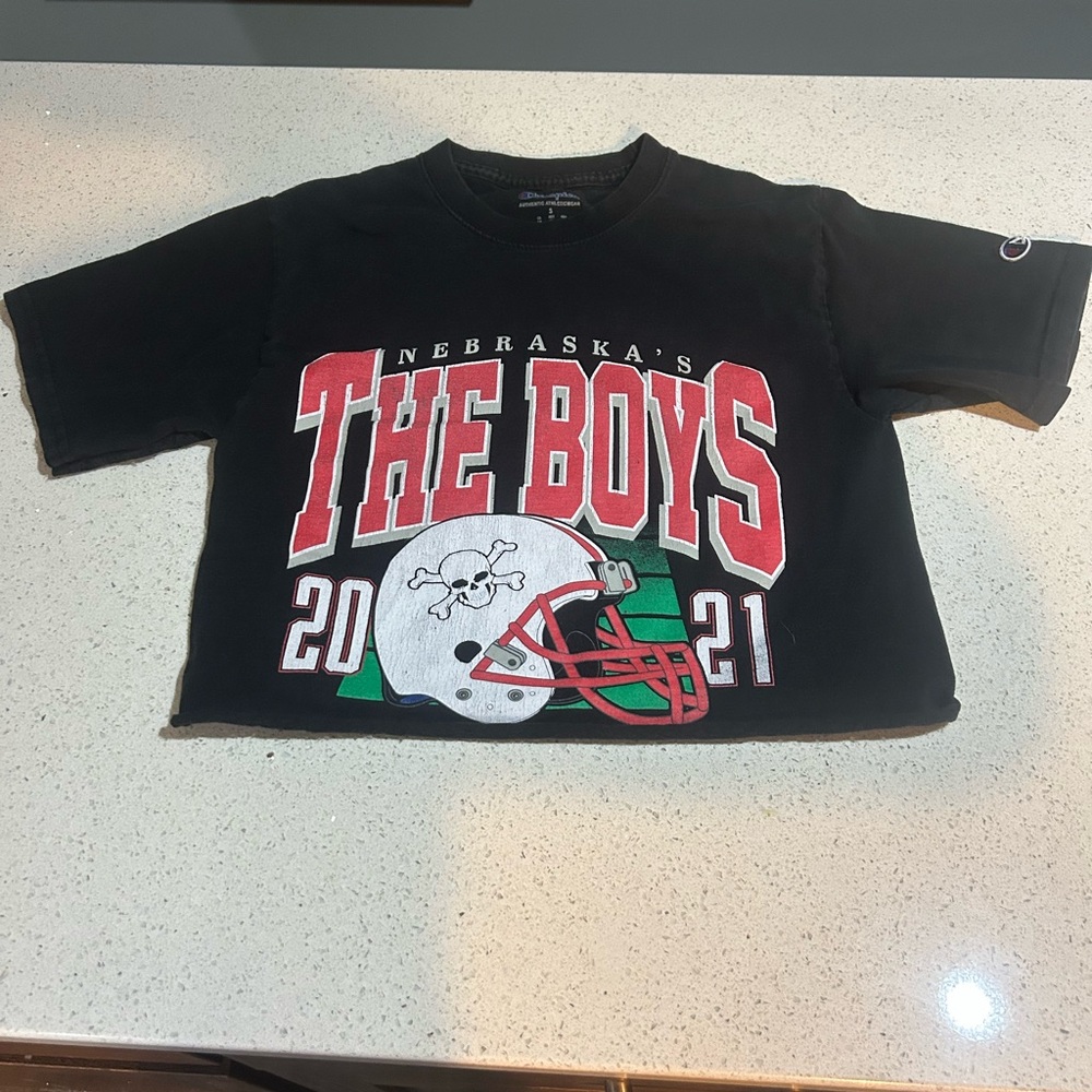 Nebraska Bussin with the Boys Black Tee with Red and Green Graphic